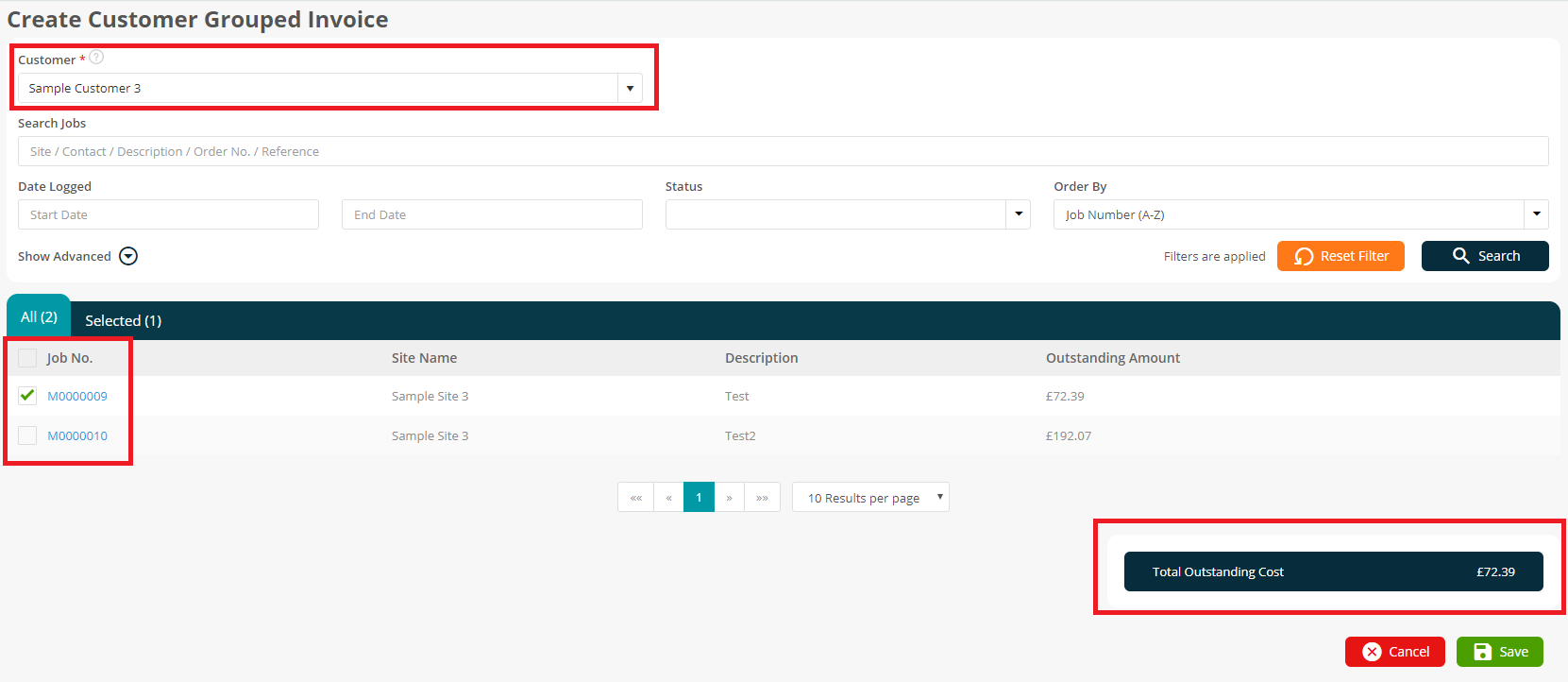Screenshot of Joblogic software - create customer grouped invoice dashboard