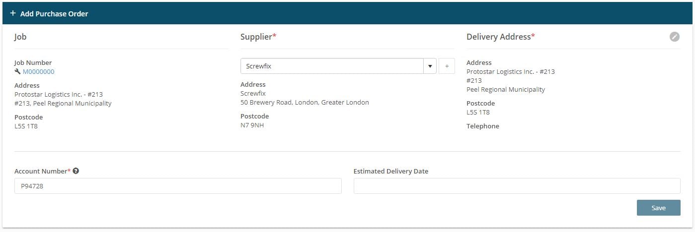 Screenshot of Joblogic software - Add purchase order window