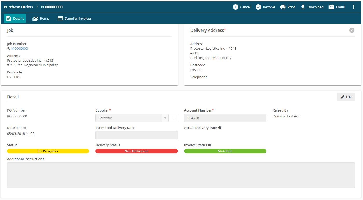 Screenshot of Joblogic software - purchase orders screen