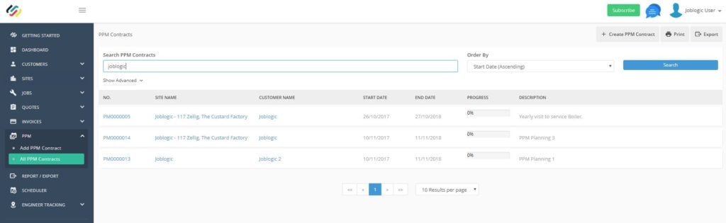 Screenshot of Joblogic software - PPM Contracts Screen