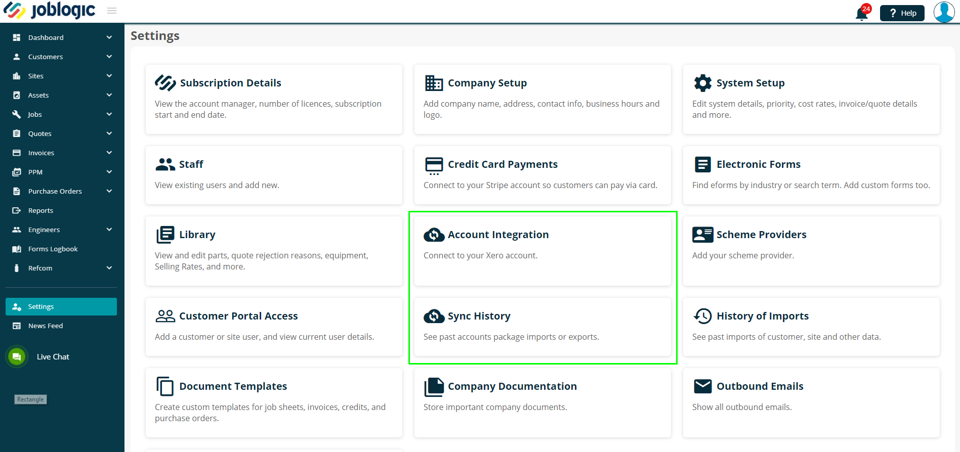 Screenshot of Joblogic software - ‘Account Integration’ and ‘Sync History’ highlighted on Settings page