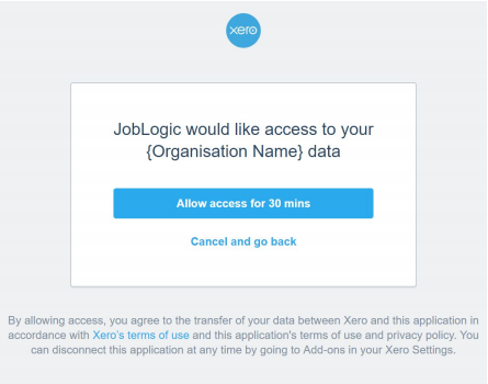 Account Integration page showing connect to Xero button
